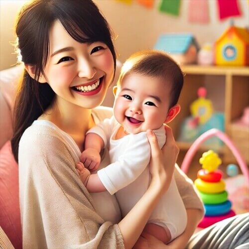 赤ちゃんを抱っこして笑顔の母親